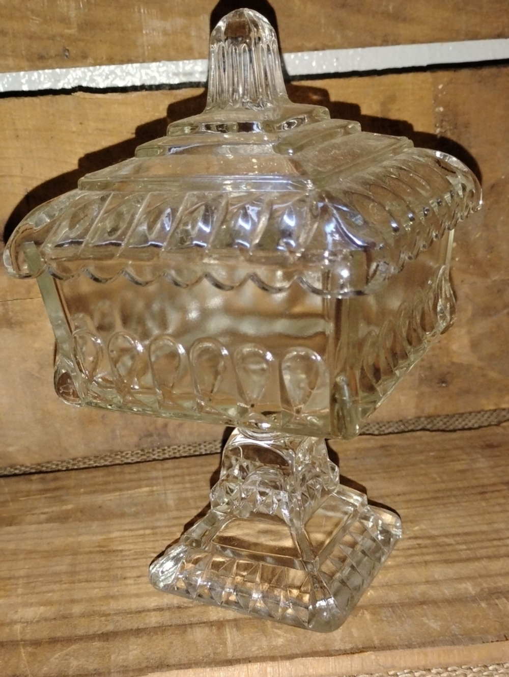 Vintage Jeannette Glass Clear Square Covered Wedding Box Candy Dish ~ 6" High